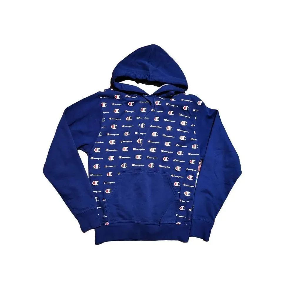 Champion Powerblend All Over Logo Fleece Hoodie Valiant Blue Small